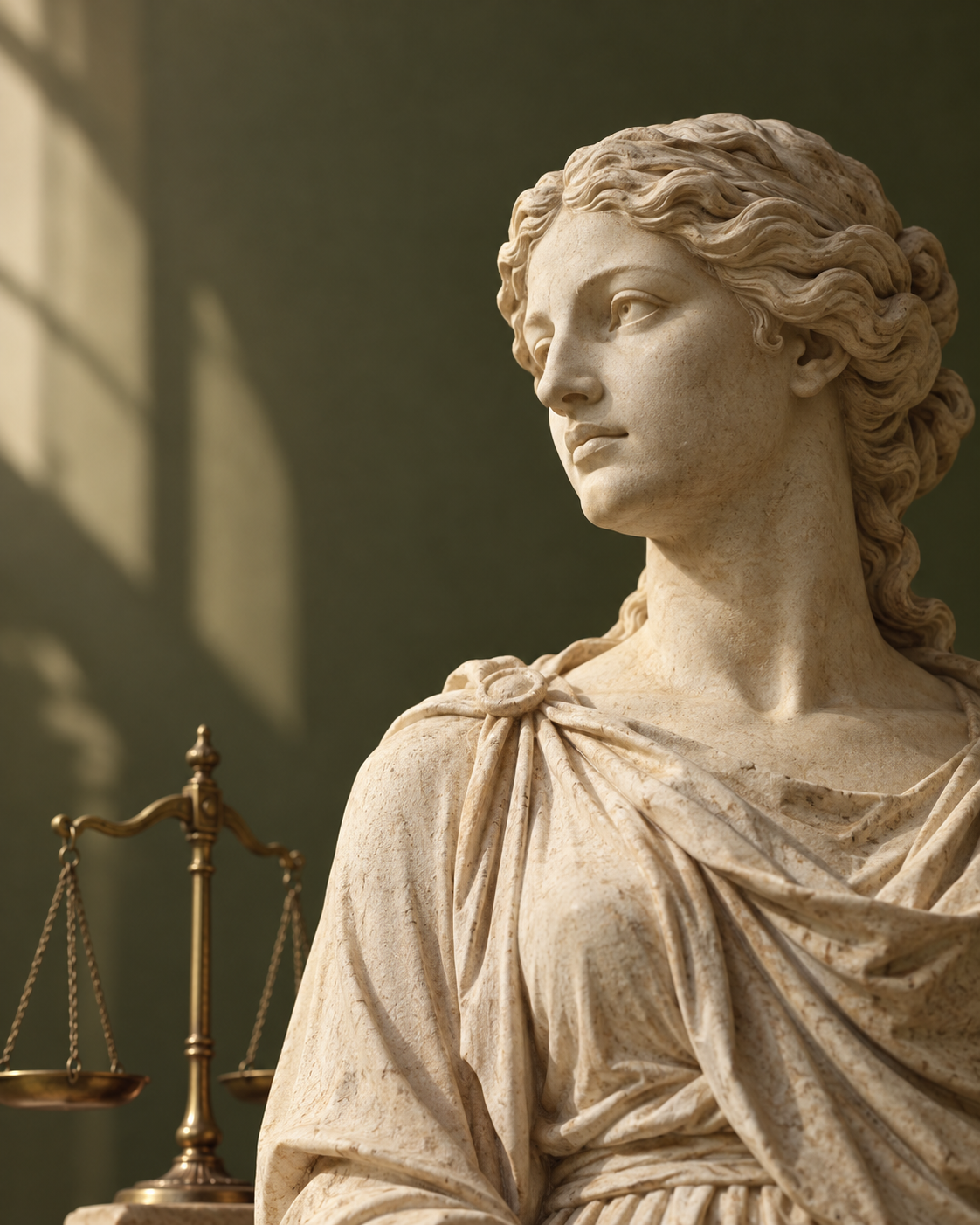 Symbolisches Justitia-Motiv: klassische Steinskulptur mit Waage vor olivgrünem Hintergrund.